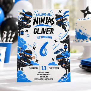 Invitación Fiesta de cumpleaños de Ninja Azul y Negro para ni