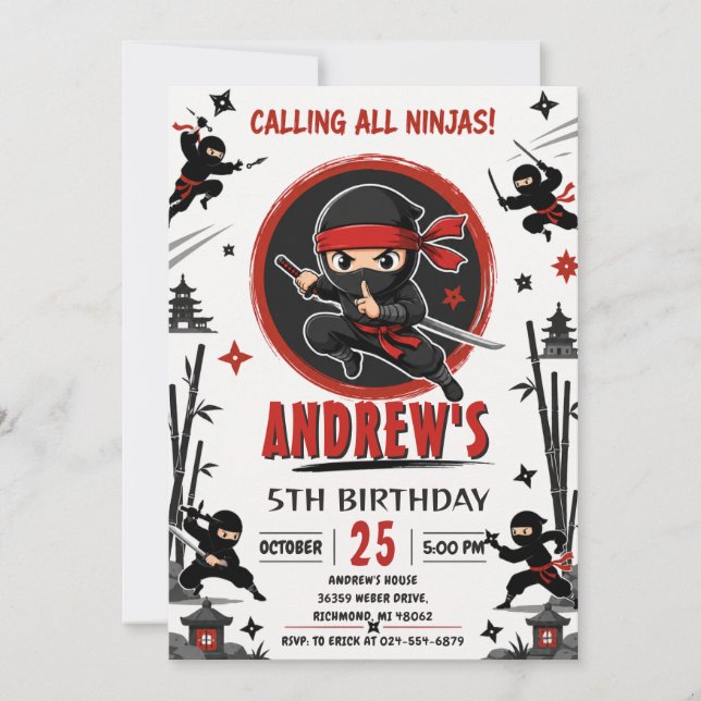 Invitación Fiesta de cumpleaños de Ninja personal boy guerrer (Anverso)