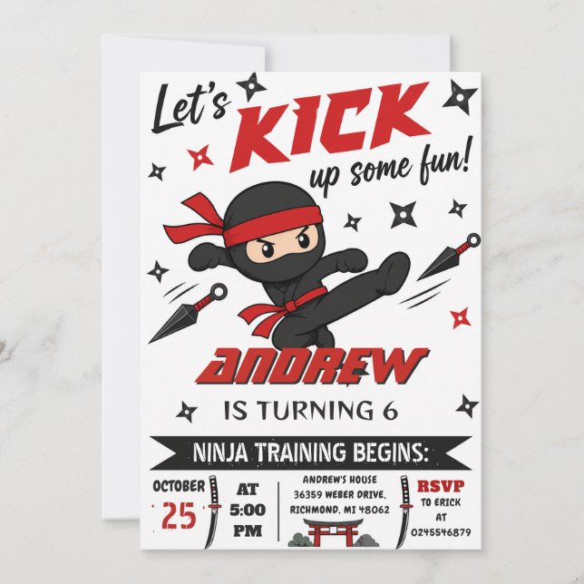 Invitación Fiesta de cumpleaños de Ninja personalizada para n (Anverso)