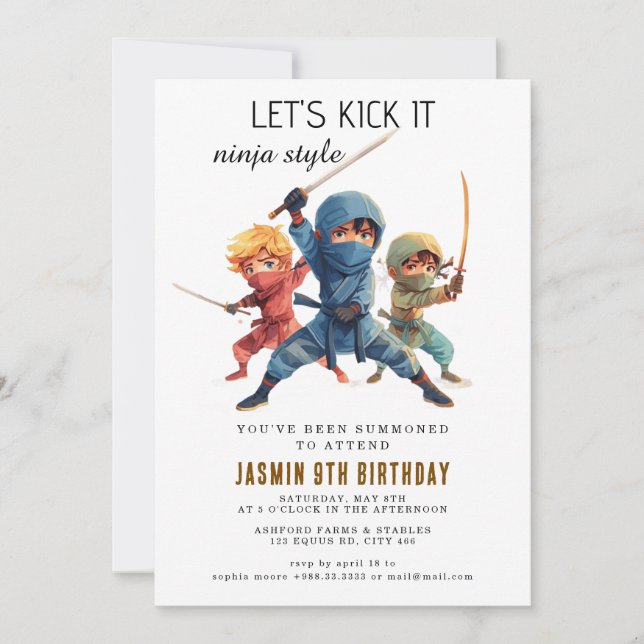 Invitación Fiesta de Cumpleaños de Ninja Warrior Kids (Anverso)