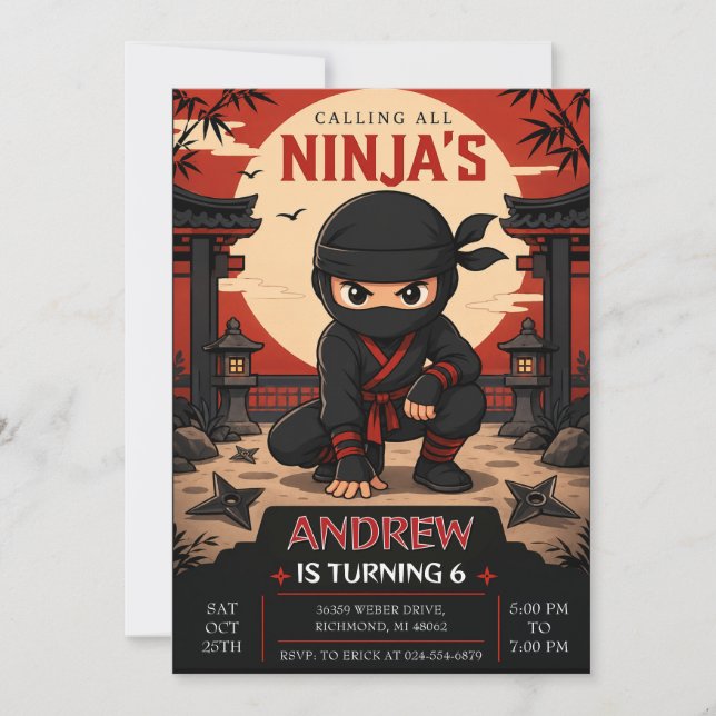 Invitación Fiesta de cumpleaños de Ninjas personales (Anverso)