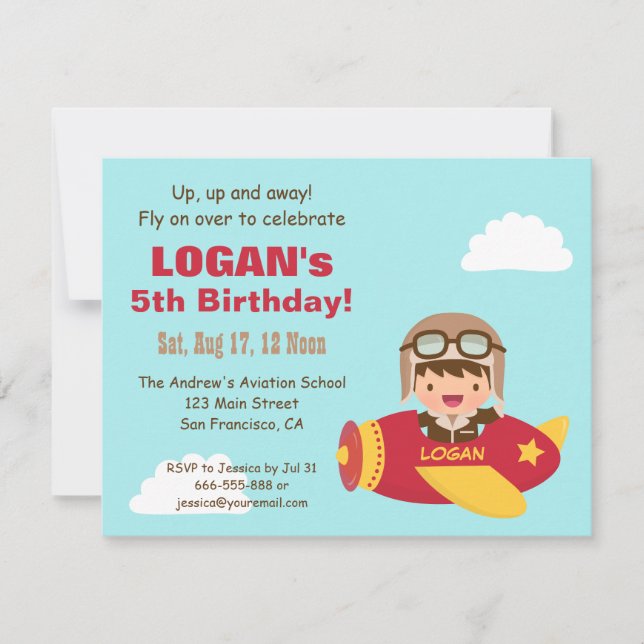 Invitación Fiesta de cumpleaños de niño aviador lindo avión (Anverso)