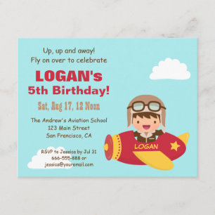 Invitación Fiesta de cumpleaños de niño aviador lindo avión