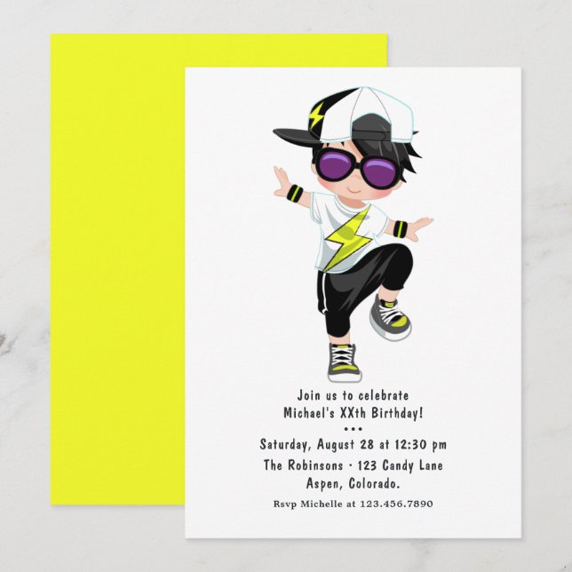 Invitación Fiesta de cumpleaños de niño bailarín de rap Hip H (Anverso / Reverso)