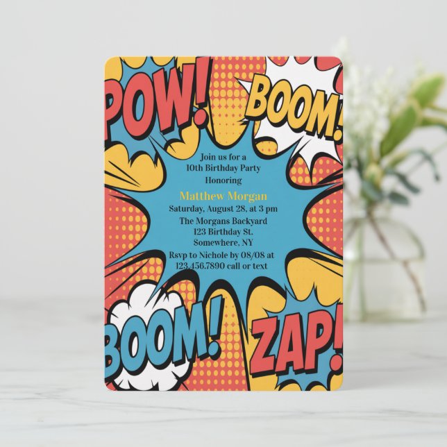 Invitación Fiesta de cumpleaños de niño con arte pop de cómic (Anverso de pie)