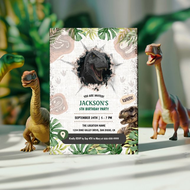 Invitación Fiesta de cumpleaños de niño con dinosaurio prehis (Prehistoric Dinosaur T-rex boy birthday party invitation)