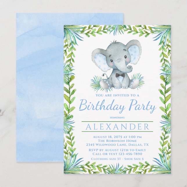 Invitación Fiesta de cumpleaños de niño con elefante cualquie (Anverso / Reverso)