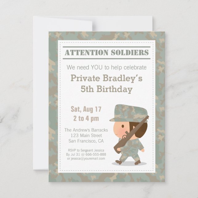 Invitación Fiesta de cumpleaños de niño con estampado militar (Anverso)