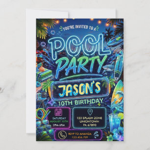 Invitación Fiesta de Cumpleaños de Niño con Piscina Neon Resp