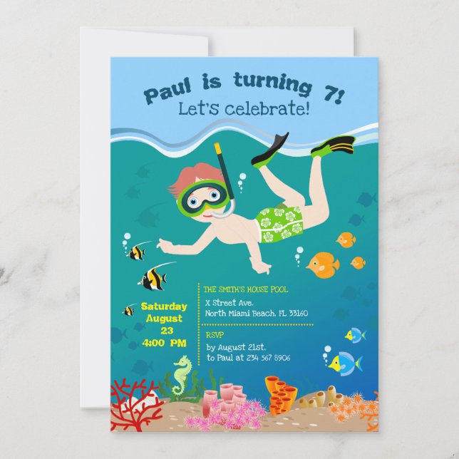 Invitación Fiesta de cumpleaños de niño con snorkel y peces t (Anverso)