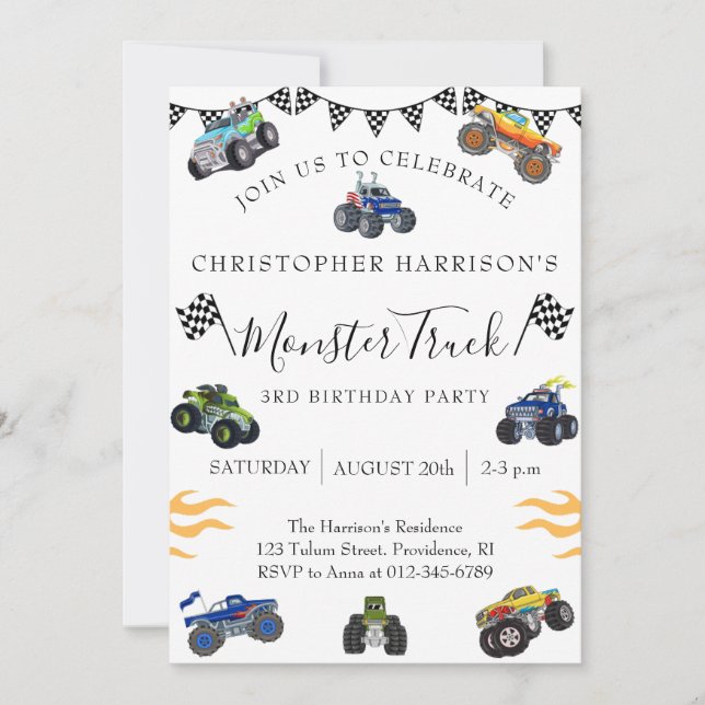 Invitación Fiesta de cumpleaños de niño de 3 años de camión m (Anverso)