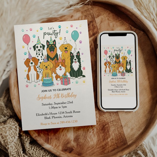 Invitación Fiesta de cumpleaños de niño de 5 años con perrito (Cute Puppy Dogs Boy 5th Birthday Party Invitation)