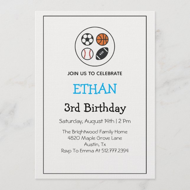 Invitación Fiesta de Cumpleaños de Niño Multideportista Minim (Anverso)