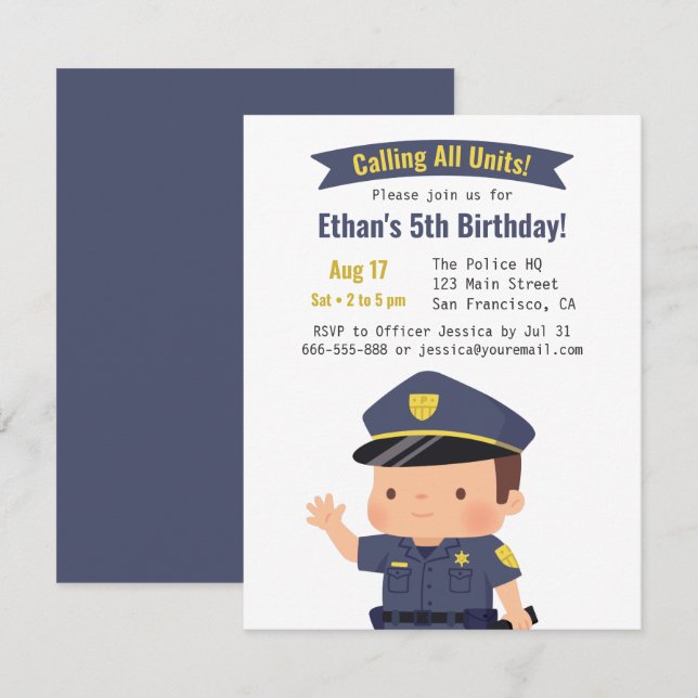 Invitación Fiesta de Cumpleaños de Niño Oficial de Policía Ad (Anverso / Reverso)