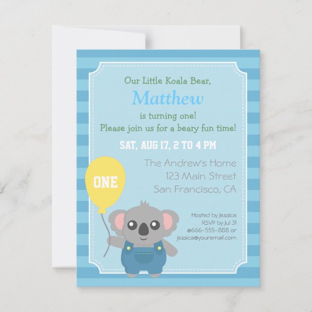 Invitación Fiesta de cumpleaños de niño pequeño Koala (Anverso)