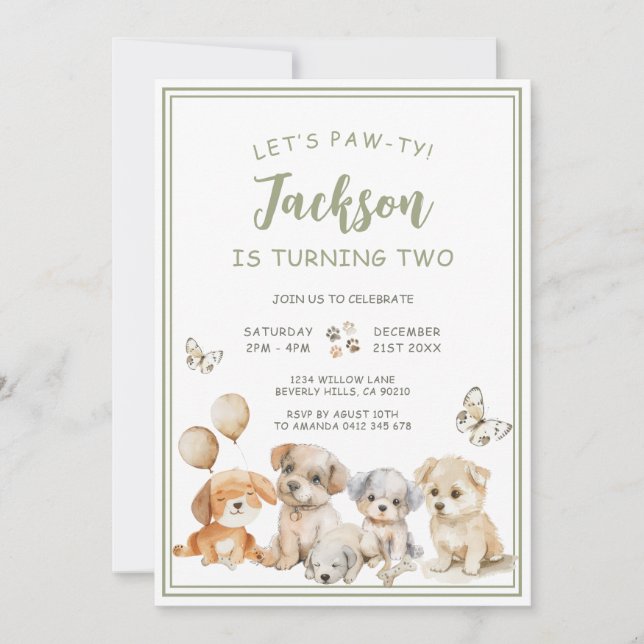 Invitación Fiesta de Cumpleaños de Niño Perro Cachorro Verde  (Anverso)
