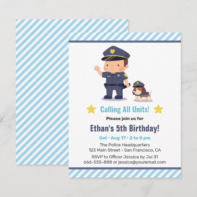 Invitación Fiesta de Cumpleaños de Niño Policía y Perro Adora (Anverso / Reverso)