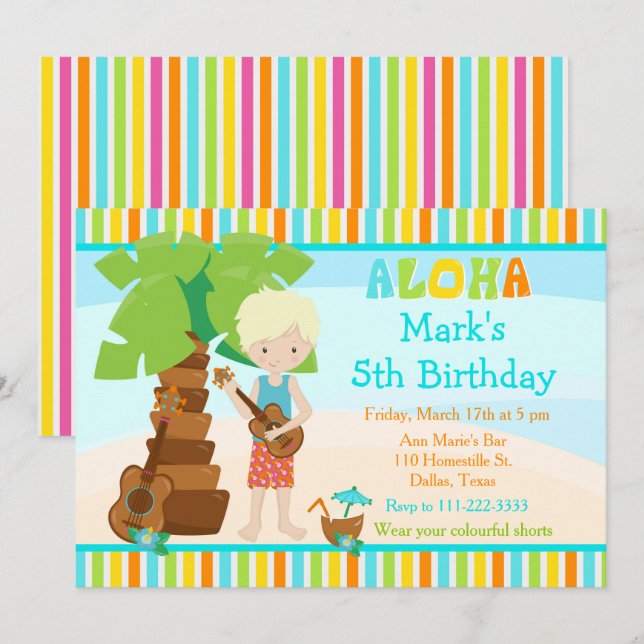 Invitación Fiesta de Cumpleaños de Niño Rubio Aloha Lindo (Anverso / Reverso)