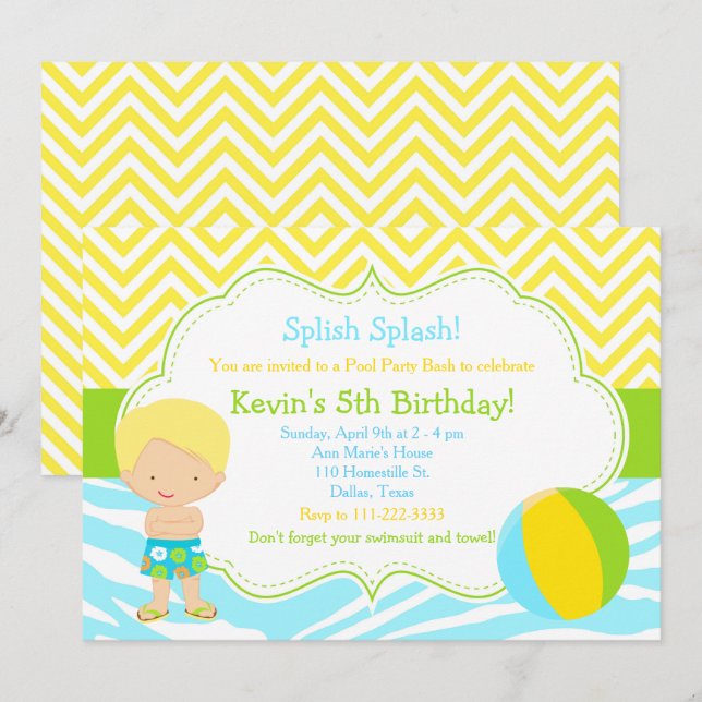 Invitación Fiesta de Cumpleaños de Niño Rubio en la Piscina (Anverso / Reverso)
