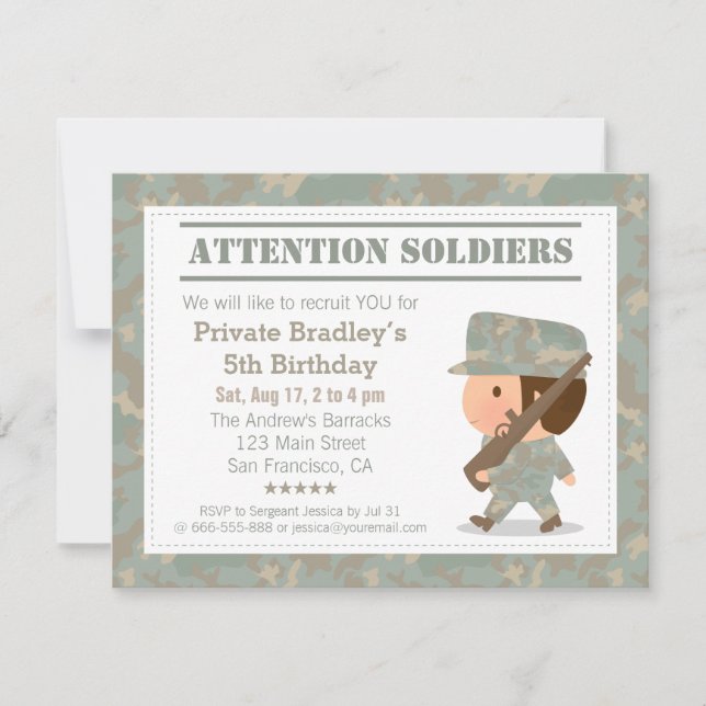 Invitación Fiesta de Cumpleaños de Niño Soldado del Ejército  (Anverso)