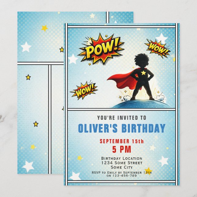 Invitación Fiesta de cumpleaños de niño superhéroe (Anverso / Reverso)