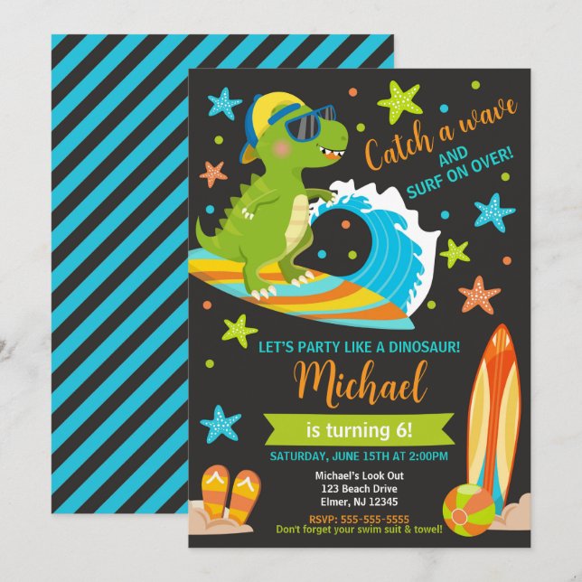 Invitación Fiesta de Cumpleaños de Niño T-Rex Dinosaurio Vera (Anverso / Reverso)