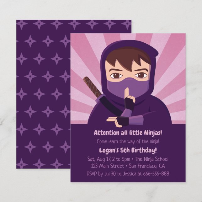 Invitación Fiesta de Cumpleaños de Niños Aprender Ninjutsu Ni (Anverso / Reverso)