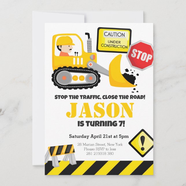 Invitación Fiesta de cumpleaños de niños con bulldozer de con (Anverso)