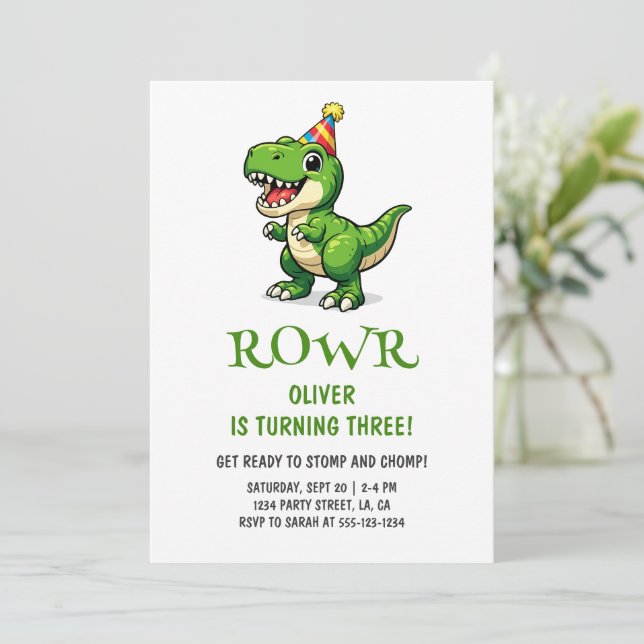 Invitación Fiesta de Cumpleaños de Niños con Dinosaurio Verde (Anverso de pie)
