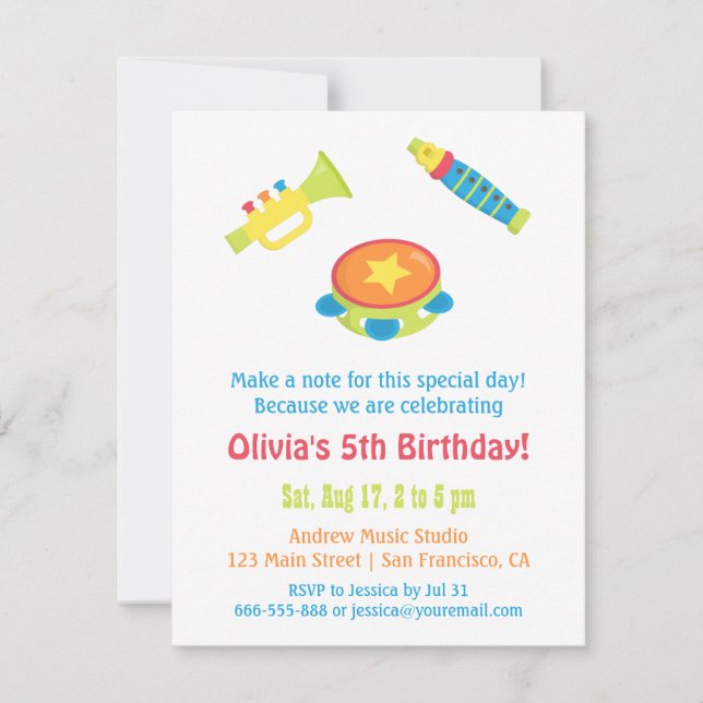 Invitación Fiesta de cumpleaños de niños con instrumentos de  (Anverso)