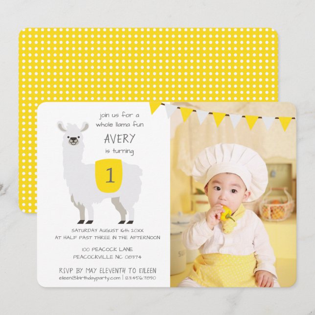 Invitación Fiesta de cumpleaños de niños con nombre amarillo  (Anverso / Reverso)
