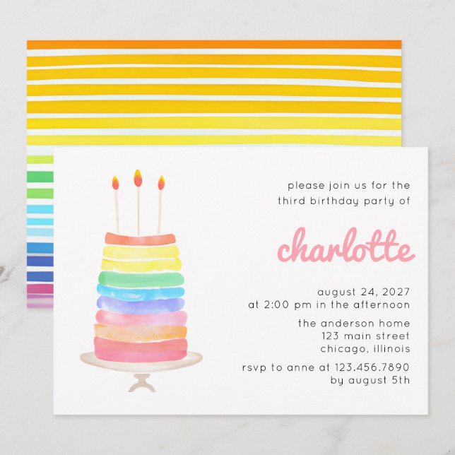 Invitación Fiesta de cumpleaños de niños con pastel de arcoir (Anverso / Reverso)