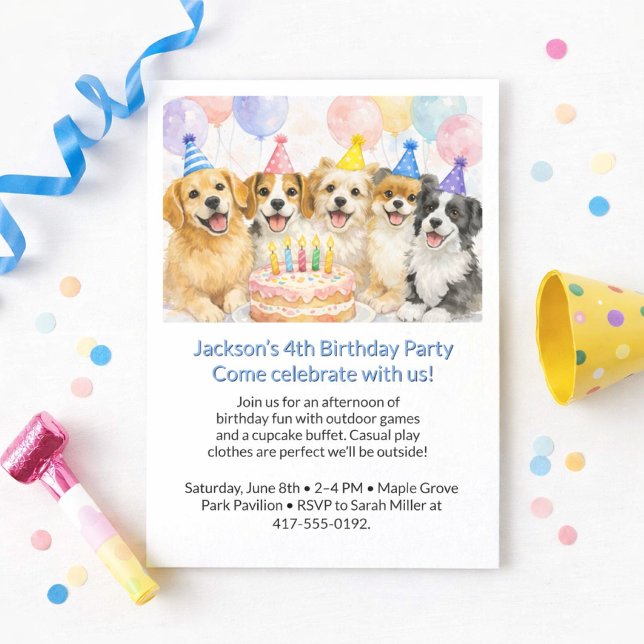 Invitación Fiesta de Cumpleaños de Niños con Perros con Gorro (Subido por el creador)