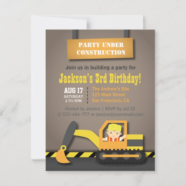 Invitación Fiesta de cumpleaños de niños con tema de construc (Anverso)