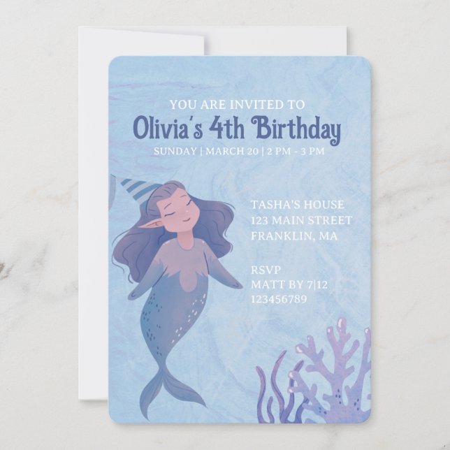 Invitación Fiesta de cumpleaños de niños con tema de Sirena (Anverso)