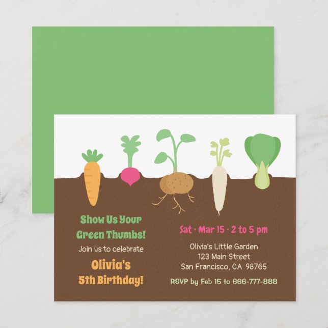 Invitación Fiesta de Cumpleaños de Niños con Verduras en Suel (Anverso / Reverso)