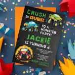 Invitación Fiesta de Cumpleaños de Niños de Camiones Monstruo<br><div class="desc">Fiesta de Cumpleaños de Niños de Camiones Monstruo Pizarra - ¡Ponen tus motores en marcha y aplasta hacia una fiesta de camiones monstruo! Todo se intensifica con esta increíble invitación de alta resistencia. Cuenta con camiones monstruo resistentes en un fondo de pizarra. La parte trasera de la tarjeta presenta marcas...</div>