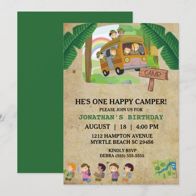 Invitación Fiesta de cumpleaños de niños de Camper Feliz (Anverso / Reverso)