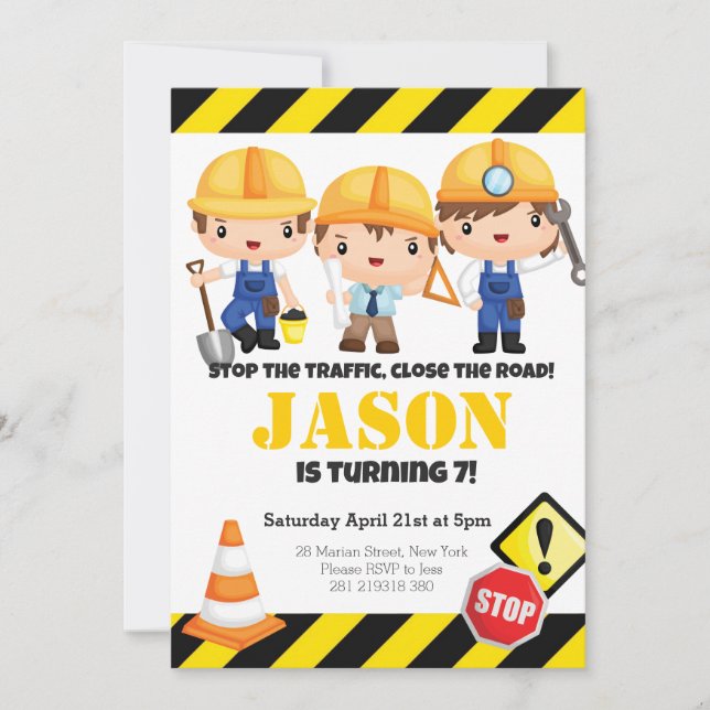 Invitación Fiesta de cumpleaños de niños de construcción (Anverso)