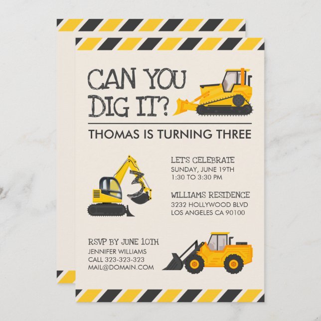 Invitación Fiesta de cumpleaños de niños de construcción (Anverso / Reverso)