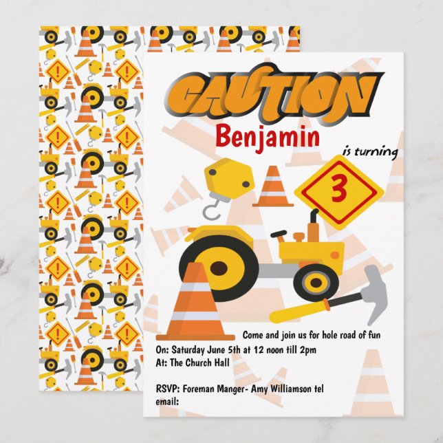 Invitación Fiesta de cumpleaños de niños de construcción (Anverso / Reverso)