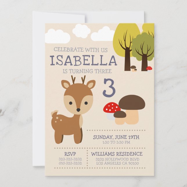 Invitación Fiesta de cumpleaños de niños de Cute Deer Fawn (Anverso)
