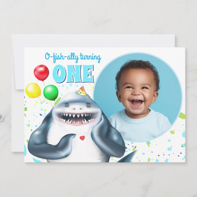 Invitación Fiesta de cumpleaños de niños de foto de tiburón (Anverso)