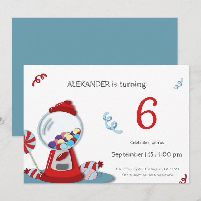 Invitación Fiesta de cumpleaños de niños de la máquina Gumbal (Anverso / Reverso)