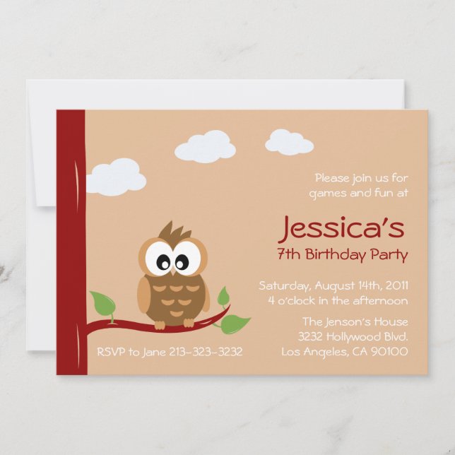 Invitación Fiesta de cumpleaños de niños de lechuza cuta (Anverso)