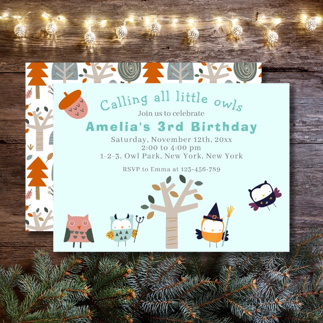 Invitación Fiesta de cumpleaños de niños de lechuza de bosque (Cute Owl Kids Birthday Party featuring four owls in the pastel lime green background and an acorn.)