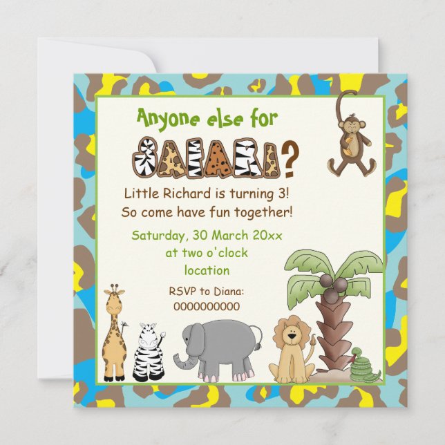 Invitación Fiesta de cumpleaños de niños de safari amarillos  (Anverso)