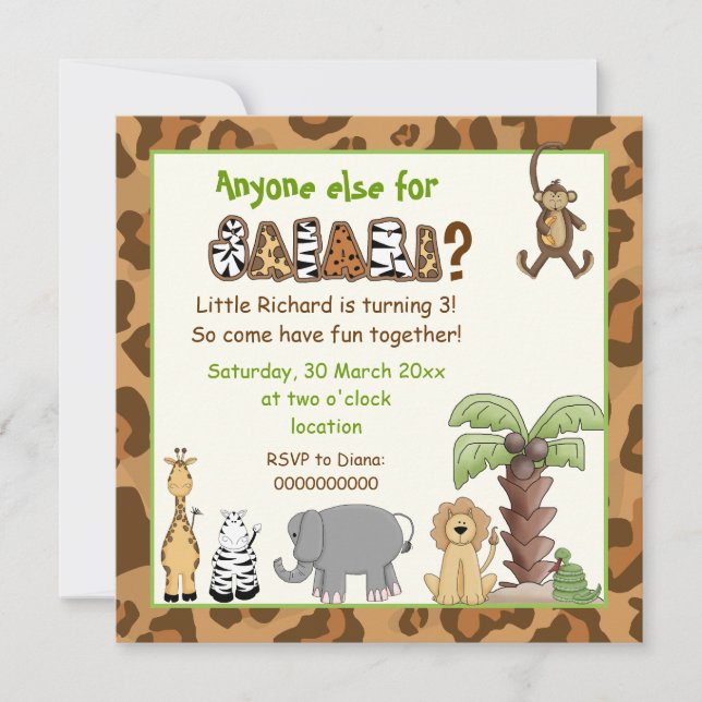 Invitación Fiesta de cumpleaños de niños de safari marrón jun (Anverso)