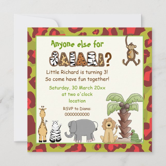Invitación Fiesta de cumpleaños de niños de safari verde rojo (Anverso)