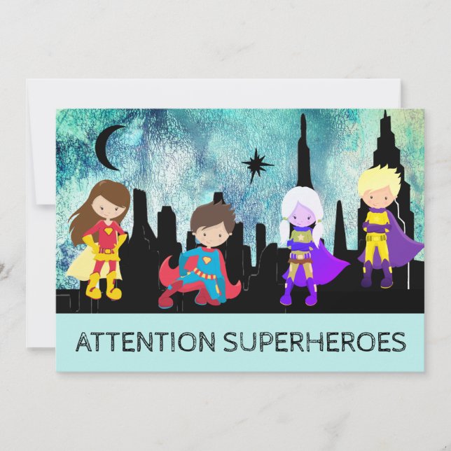 Invitación *~* Fiesta de cumpleaños de niños de SUPERHEROS cu (Anverso)